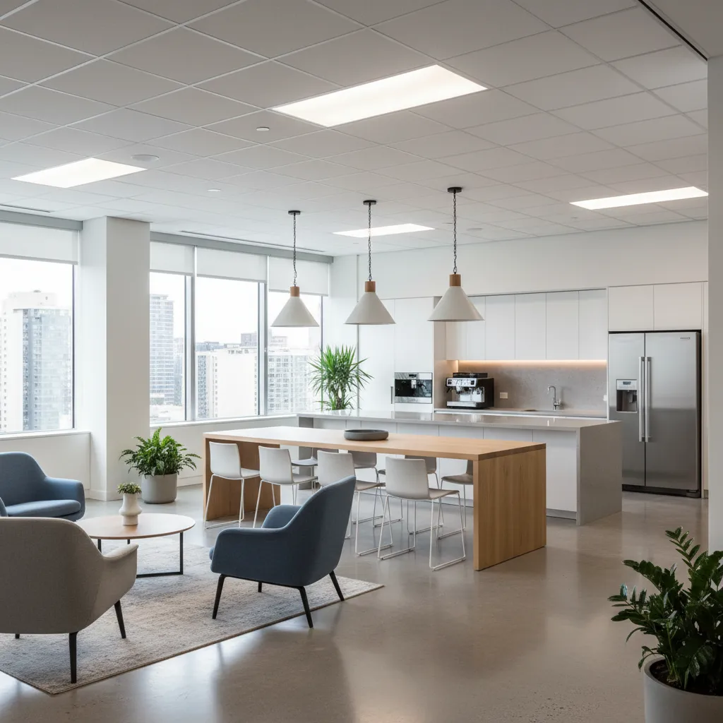 Office break room with layered lighting using panels and pendant lights