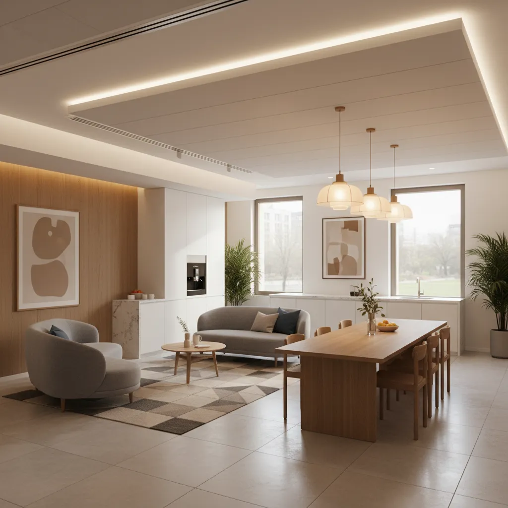 Office break room with improved lighting using diffusers and warm pendant lights
