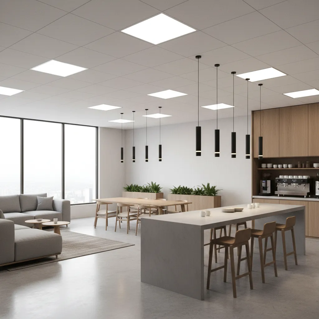 Break room ceiling with LED panels and task lighting above coffee station