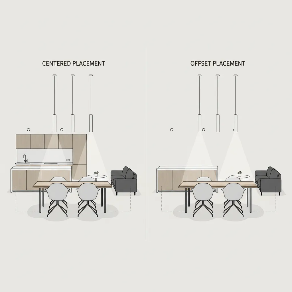 Diagram showing incorrect and correct placement of ceiling lights above break room tables