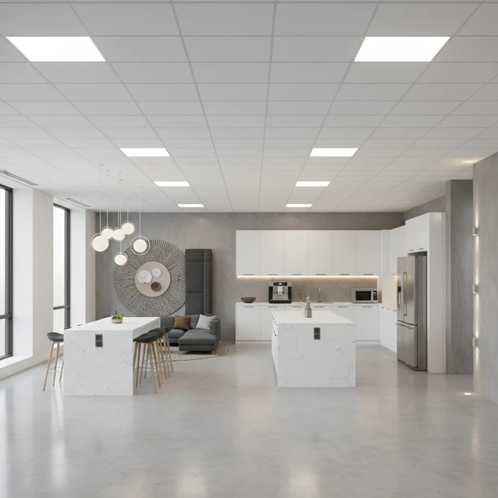 Overhead lighting layout diagram of a break room showing fixture coverage zones