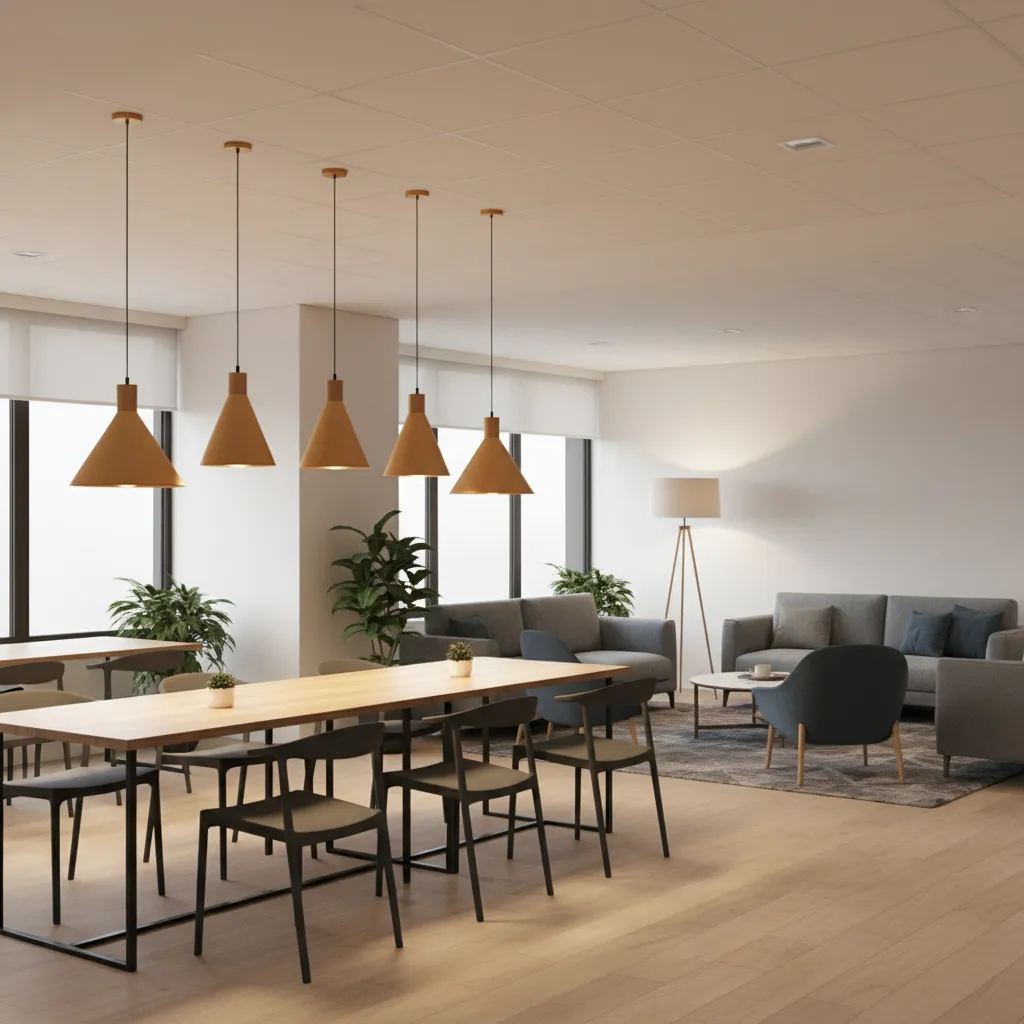 Break room lighting zones showing dining area and lounge seating illumination