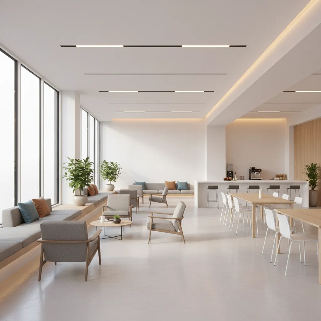 Office break room with large windows and natural daylight supporting circadian lighting design