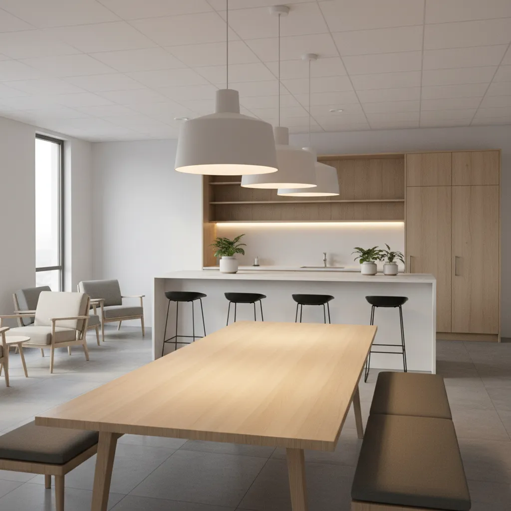 Pendant lights hanging above break room dining table