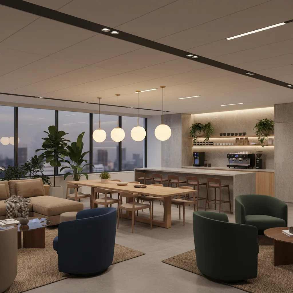 Office break room with warm pendant lighting and relaxed seating area