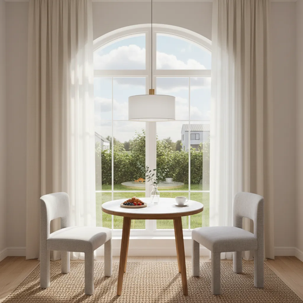 Bright dining area with round wooden table, grey chairs, white ceiling light, and arched window