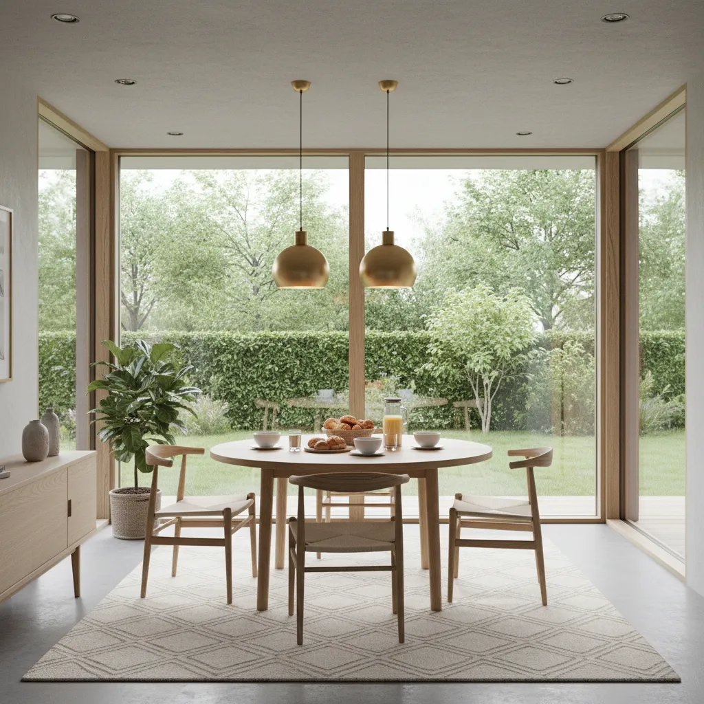 Bright dining room with round wood table, three chairs, gold ceiling lights, and large windows