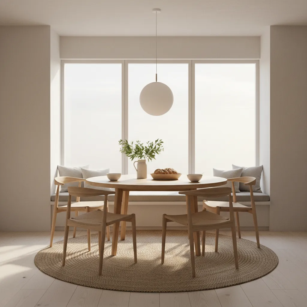 Modern dining area with round wooden table, chairs, round rug, and white globe ceiling light