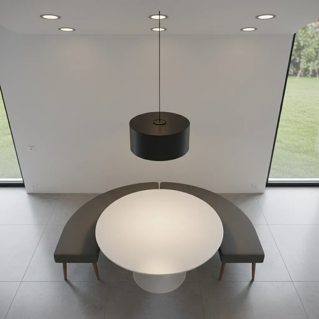 White round table with curved grey bench and black ceiling light on a grey floor