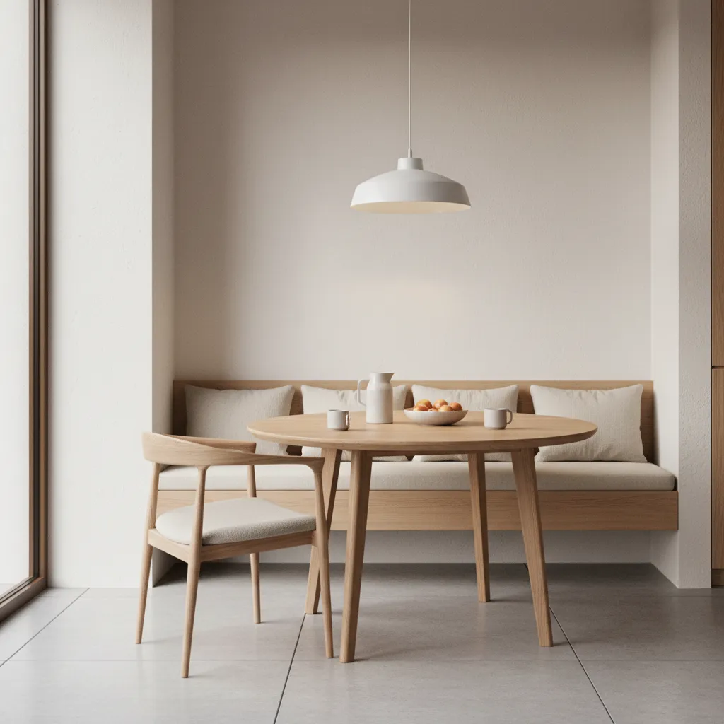 Minimalist dining nook with round wooden table, chair, built in bench, white hanging ceiling light