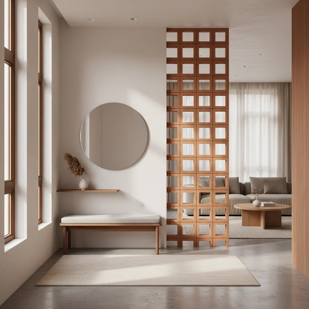 Decorative breeze block divider between entryway and living room