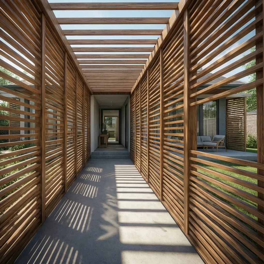 Architectural breezeway layout showing cross ventilation with slatted wall panels