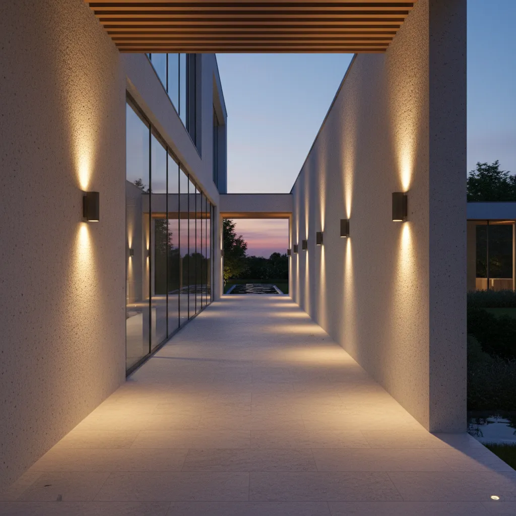 Outdoor breezeway walkway with wall sconces and pathway lighting at night