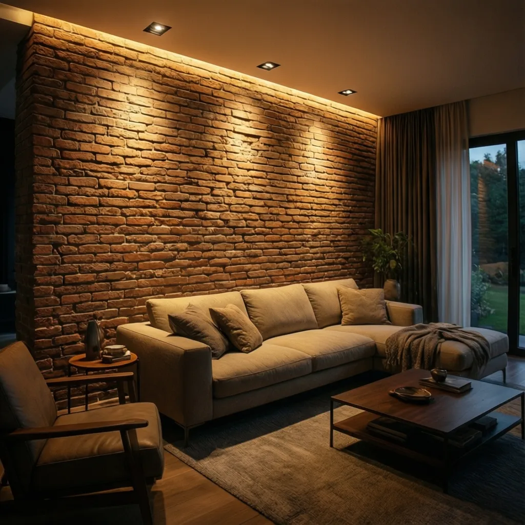 Pared de ladrillo decorativo iluminada con luces cálidas