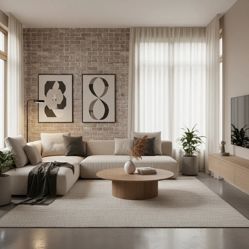 Modern apartment living room with stylish brick accent wall