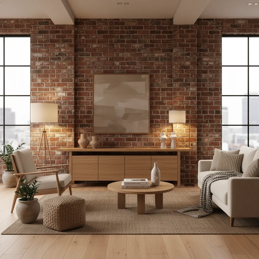 Combinación de pared de ladrillo con muebles de madera clara