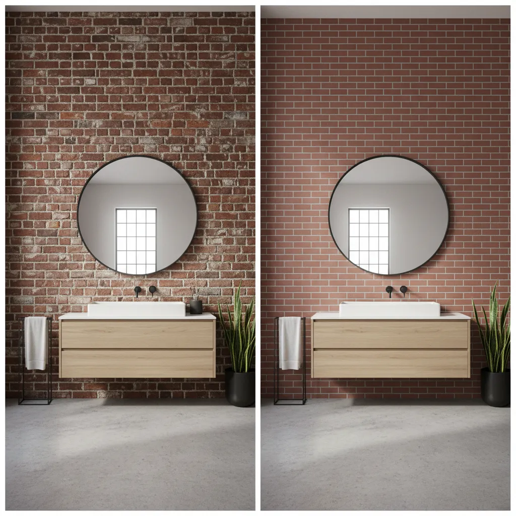 Bathroom before and after comparison showing old rough brick wall next to clean red bricks