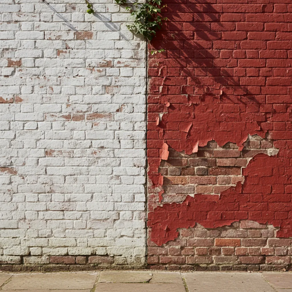 comparison of aging limewash patina versus peeling masonry paint on brick