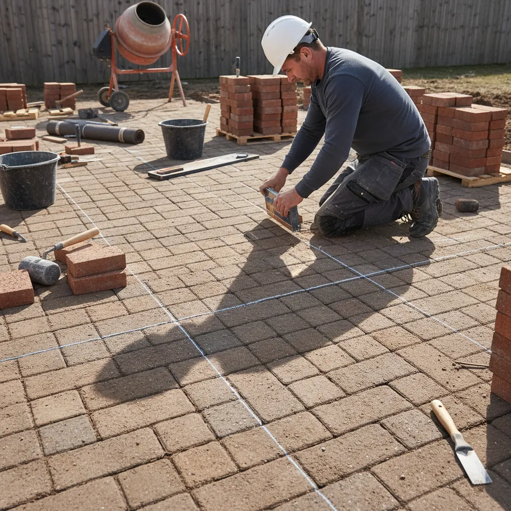 contractor marking centerline for brick floor layout planning