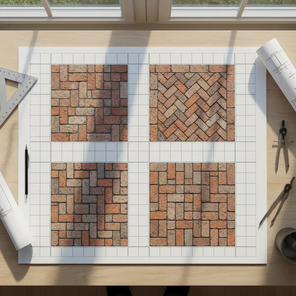 brick patio layout planning grid with different brick patterns