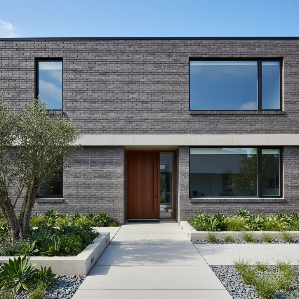 Fachada de casa de ladrillo con diseño moderno y jardín frontal