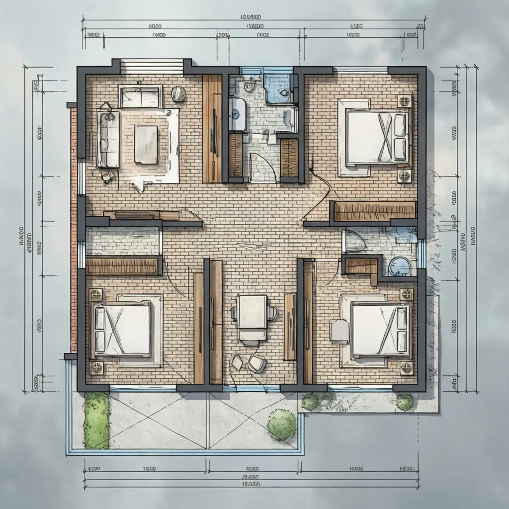 Plano de distribución de una casa de ladrillo moderna