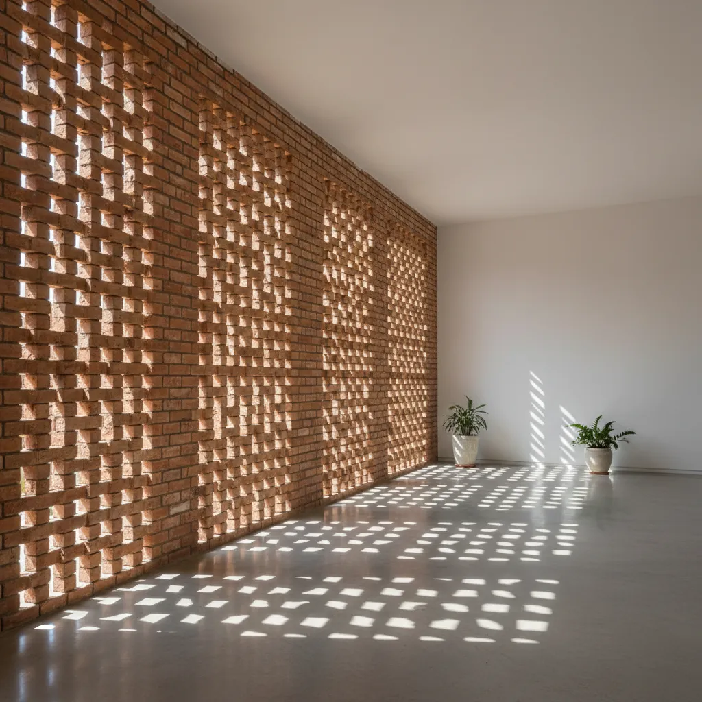 Interior space with sunlight filtering through a brick jali wall creating shadow patterns