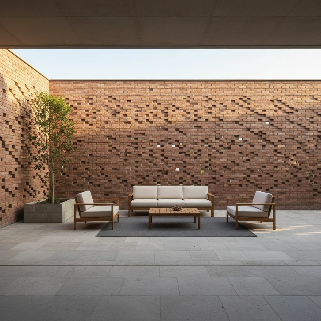 Modern courtyard with brick jali wall providing privacy and airflow