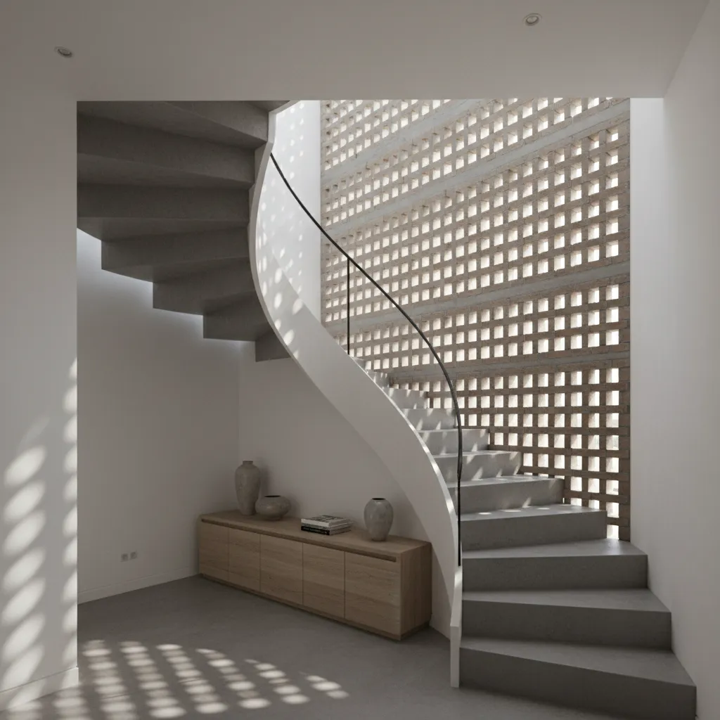 Vertical brick jali wall beside staircase improving airflow and ventilation