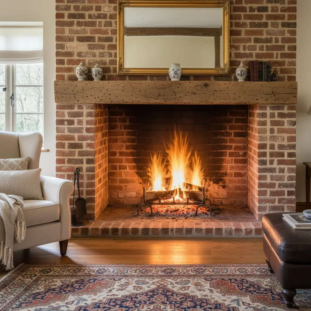 Chimenea rústica de ladrillo en salón tradicional