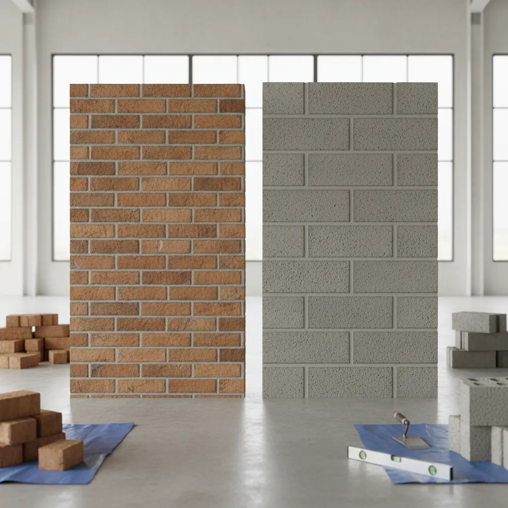 Side by side comparison of brick wall and concrete block wall in residential construction