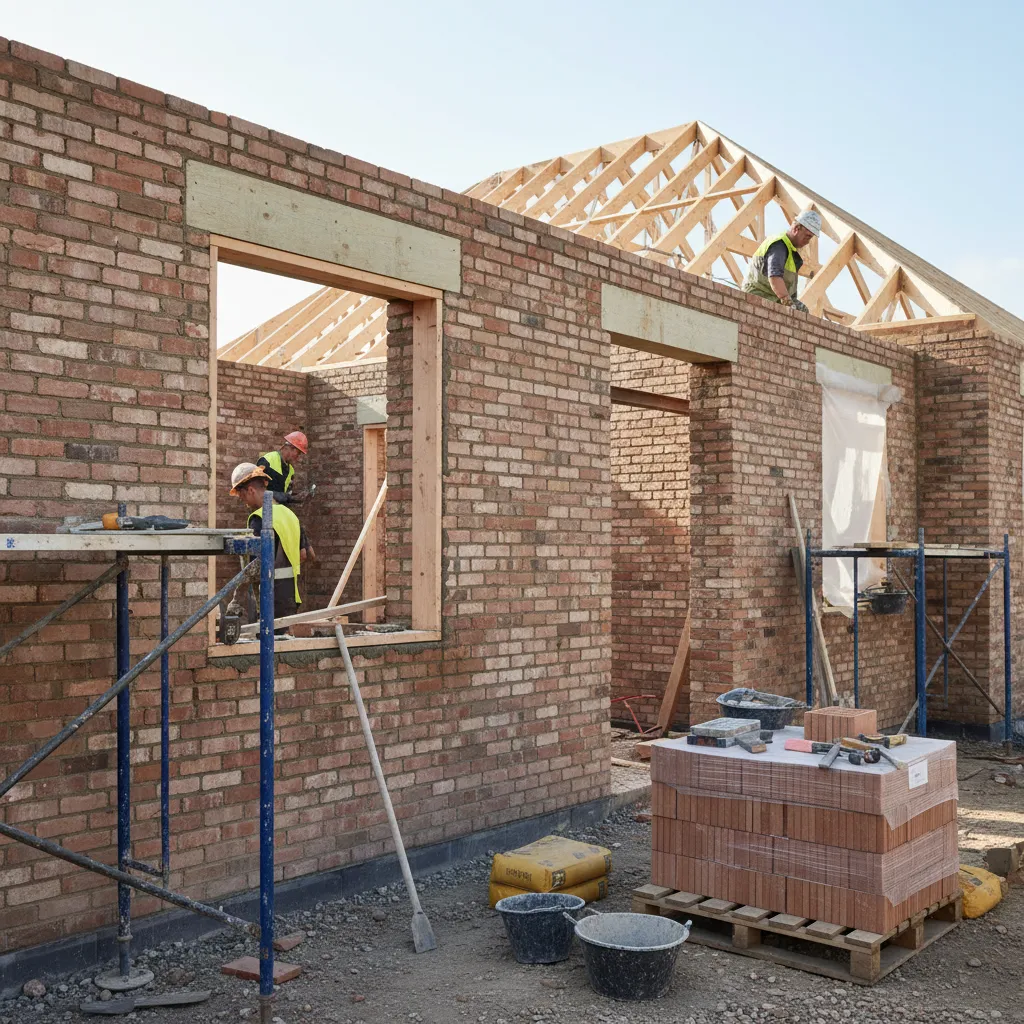 Brick wall construction with visible door and window openings affecting brick quantity calculations