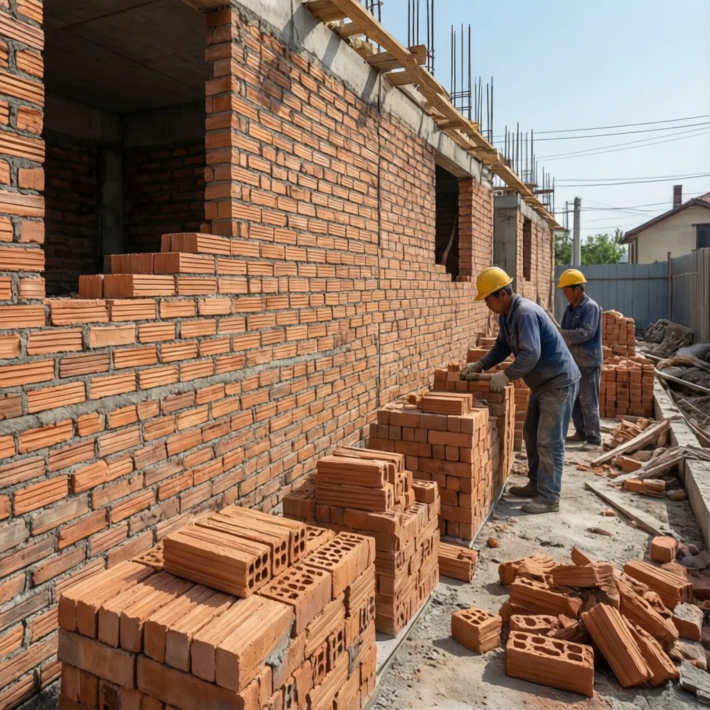 Brick wall construction showing organized stacking to reduce waste