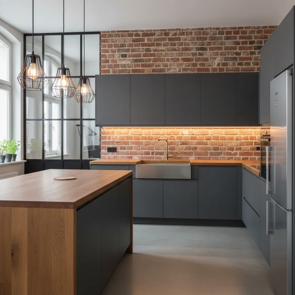 Cocina estilo loft con pared de ladrillo y muebles modernos