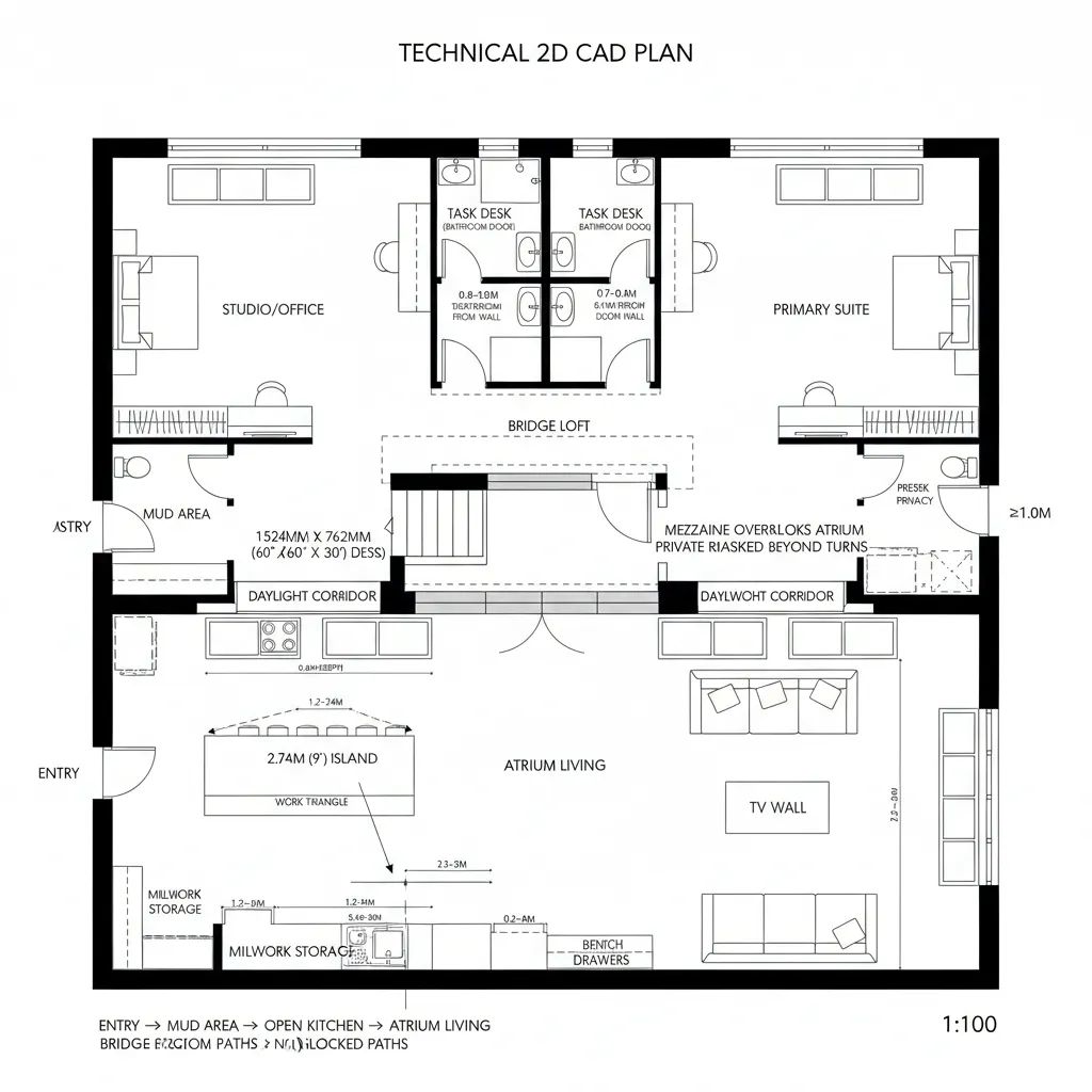 Technical 2D CAD plan showing open atrium living room with kitchen island and office space