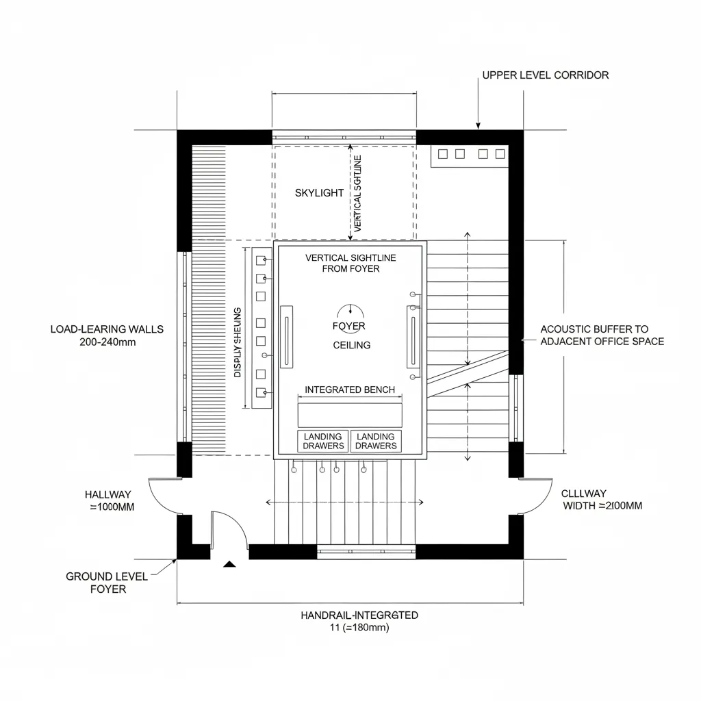 Interior design drawing showing a ground level foyer with integrated bench stairs and roof window