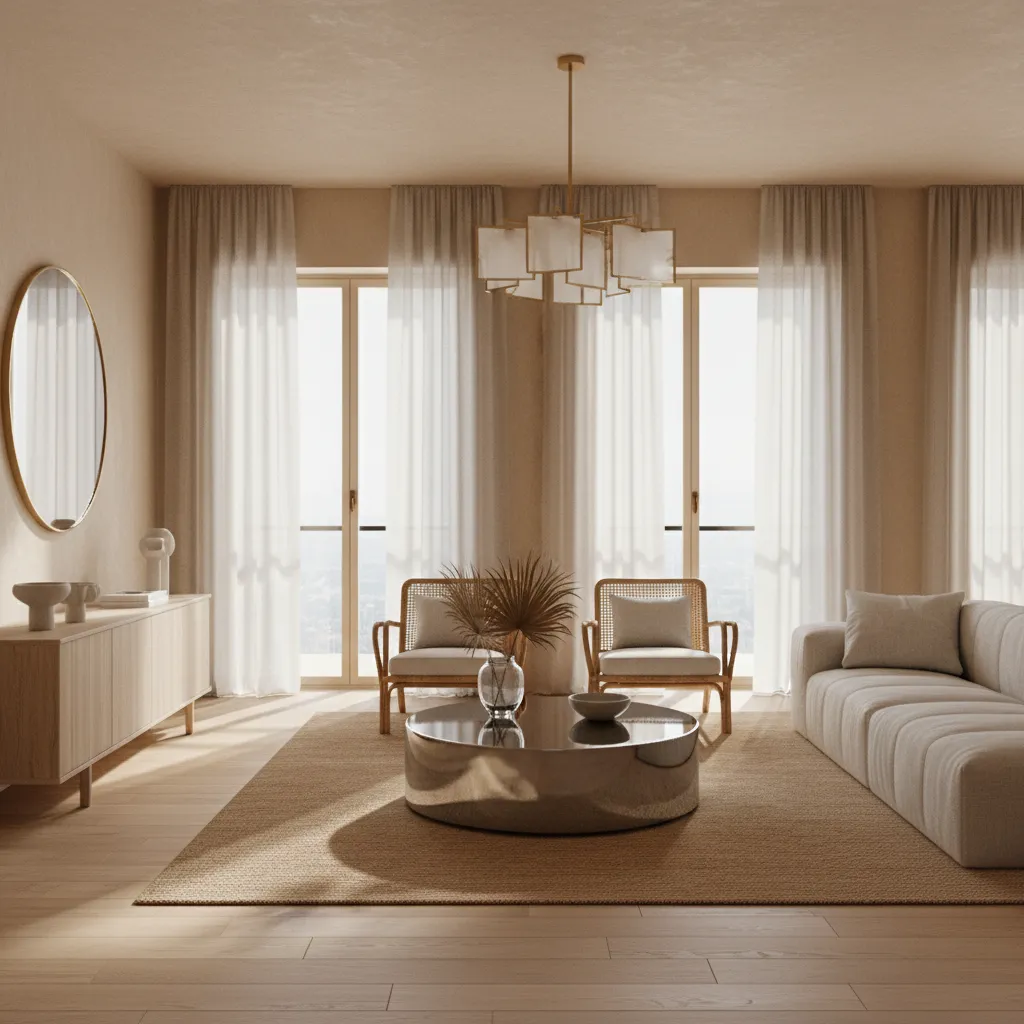 Bright apartment interior using light colors and natural materials suitable for warm climates
