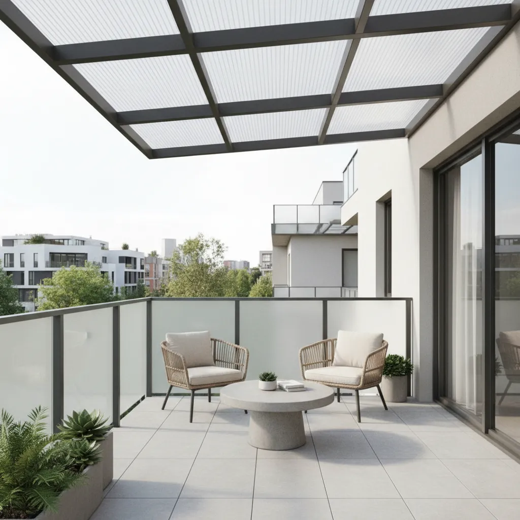 Apartment balcony with translucent roof allowing soft natural light