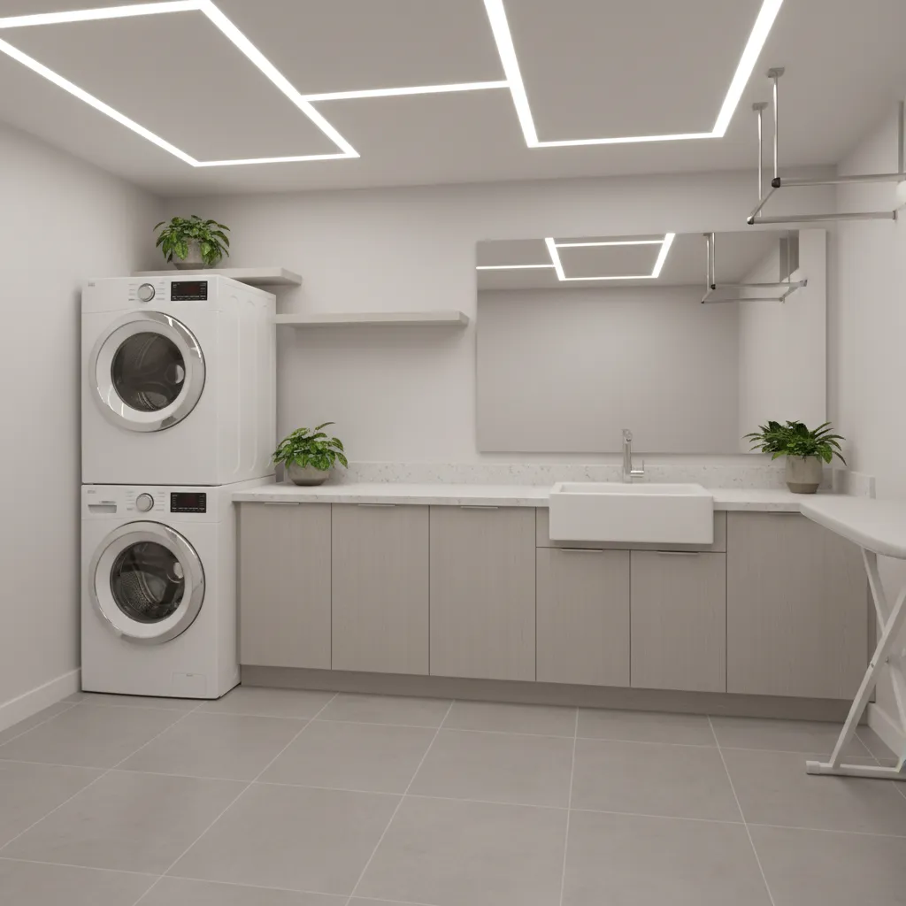 bright lighting in small basement laundry room