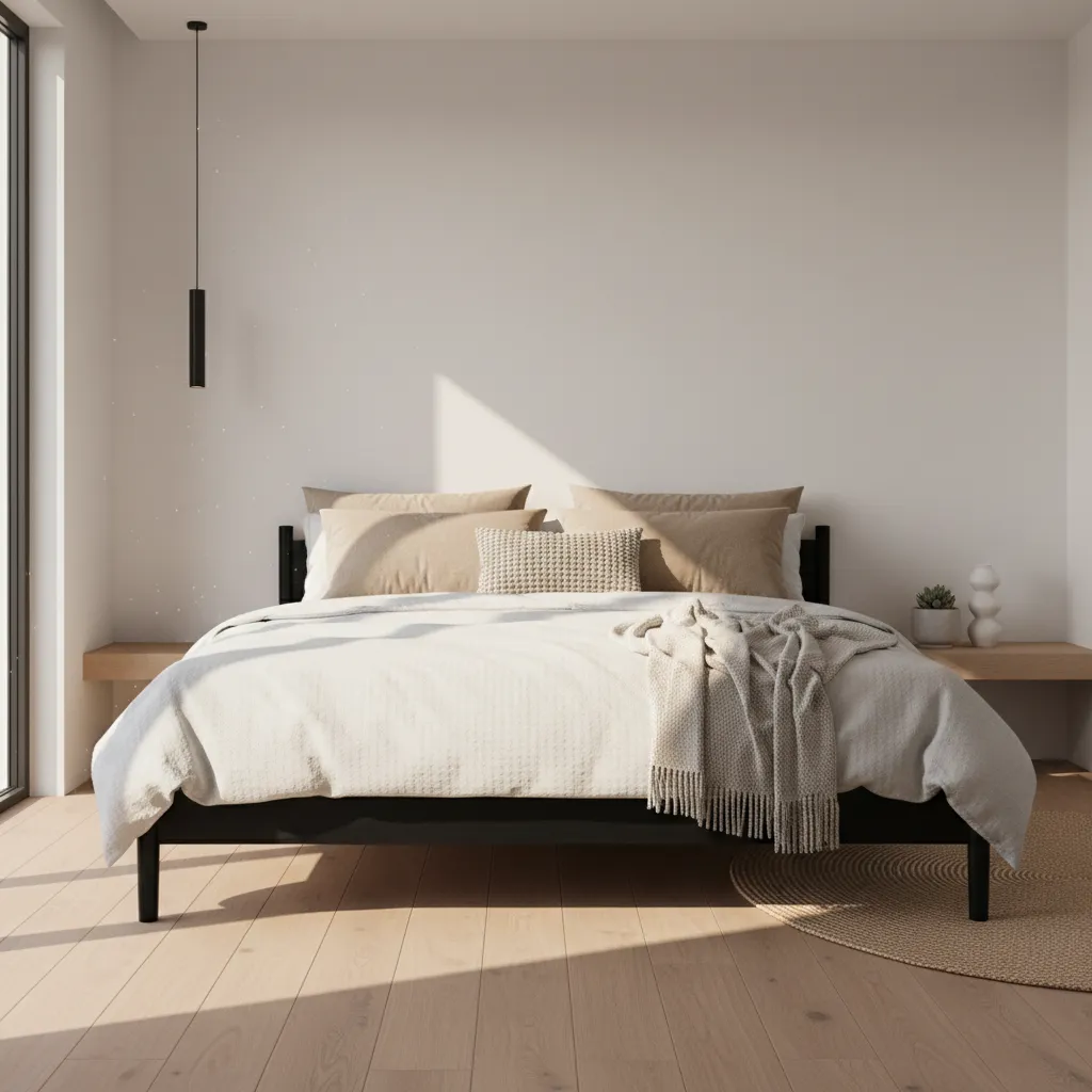 Black bed frame styled with light bedding and textured pillows
