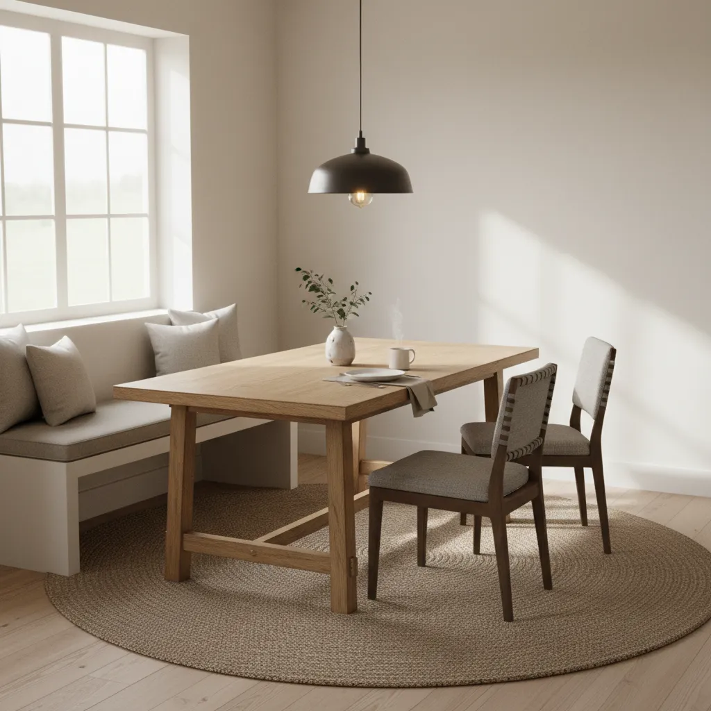 Bright breakfast room with wooden table and pendant light above