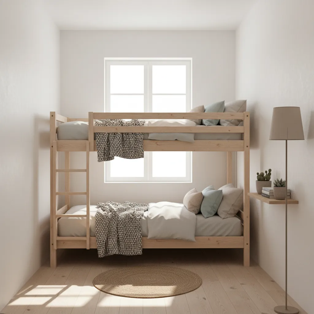 Bright small bunk bed bedroom with white walls and minimalist furniture