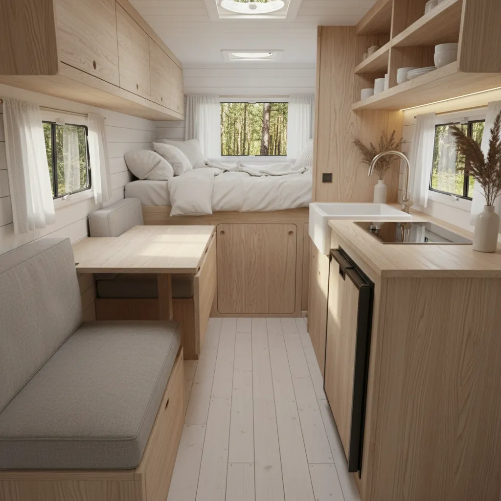 Interior de camper luminoso con madera clara y paredes blancas