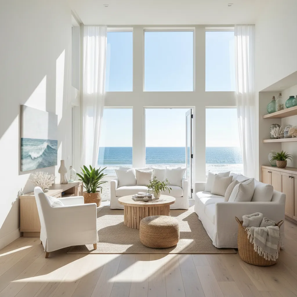 Bright living room with high windows white sofas round coffee table footrest and ocean view