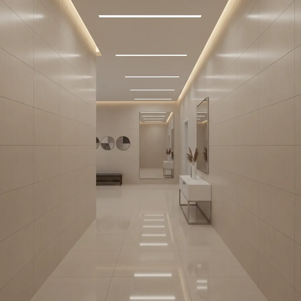 Bright residential hallway with light colored corridor wall tiles and modern lighting