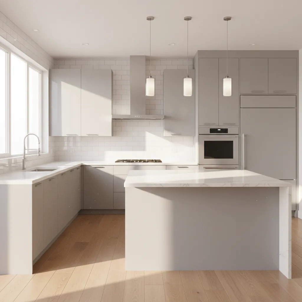 Bright kitchen interior using reflective surfaces to amplify natural light