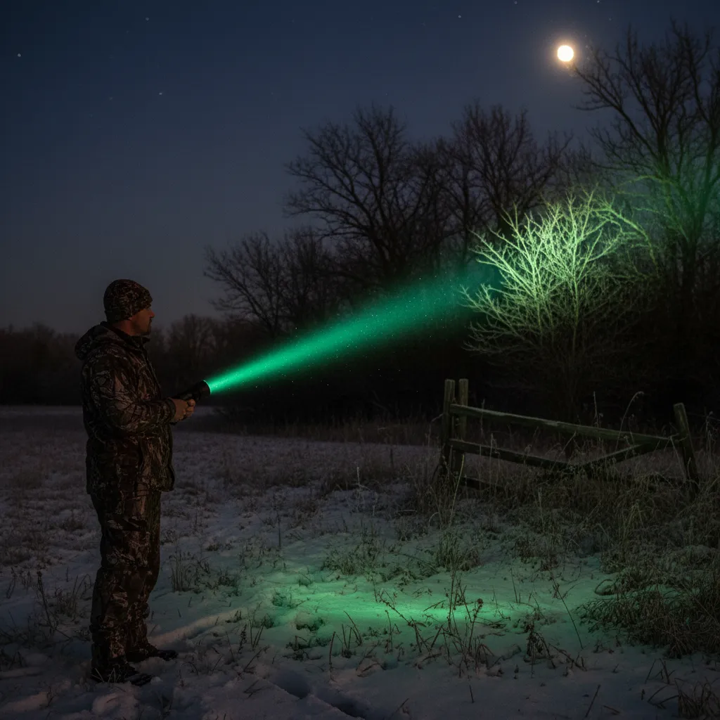 Strong focused green hunting light beam in dark outdoor environment