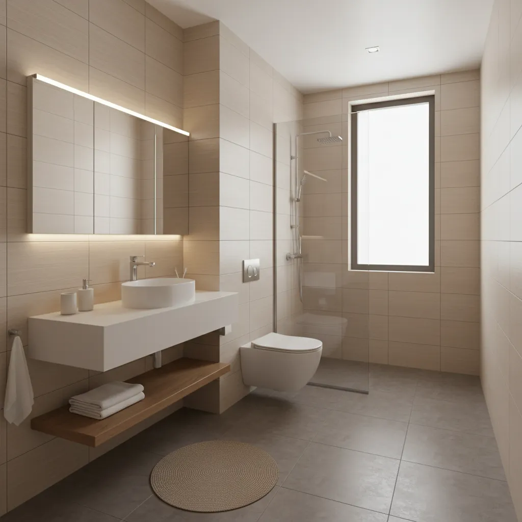 Small Indian bathroom with light wall tiles and compact layout
