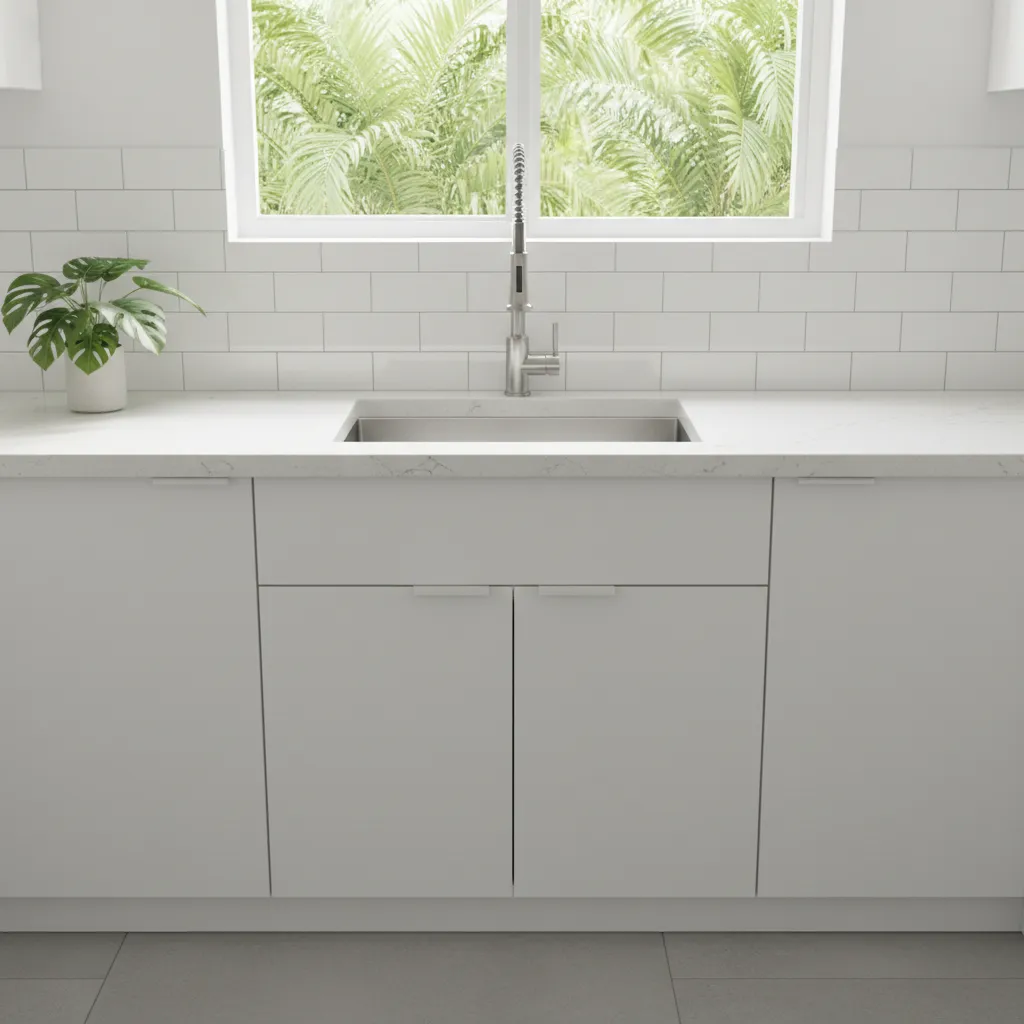 bright kitchen sink area with white subway tiles backsplash