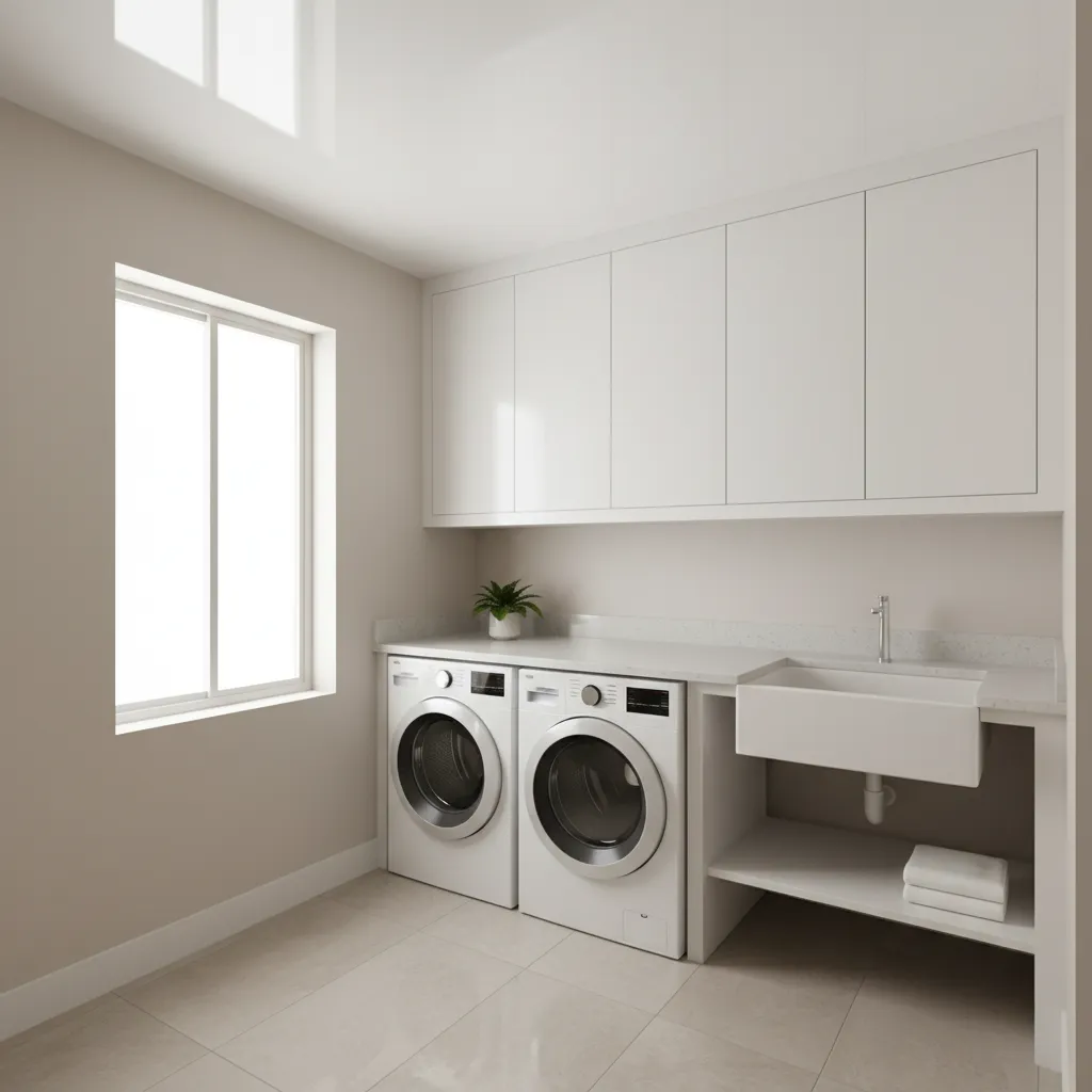 bright laundry room with white ceiling reflecting natural light